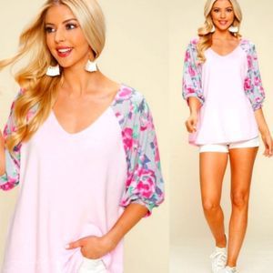 Pink V-Neck Top With Floral Sleeves